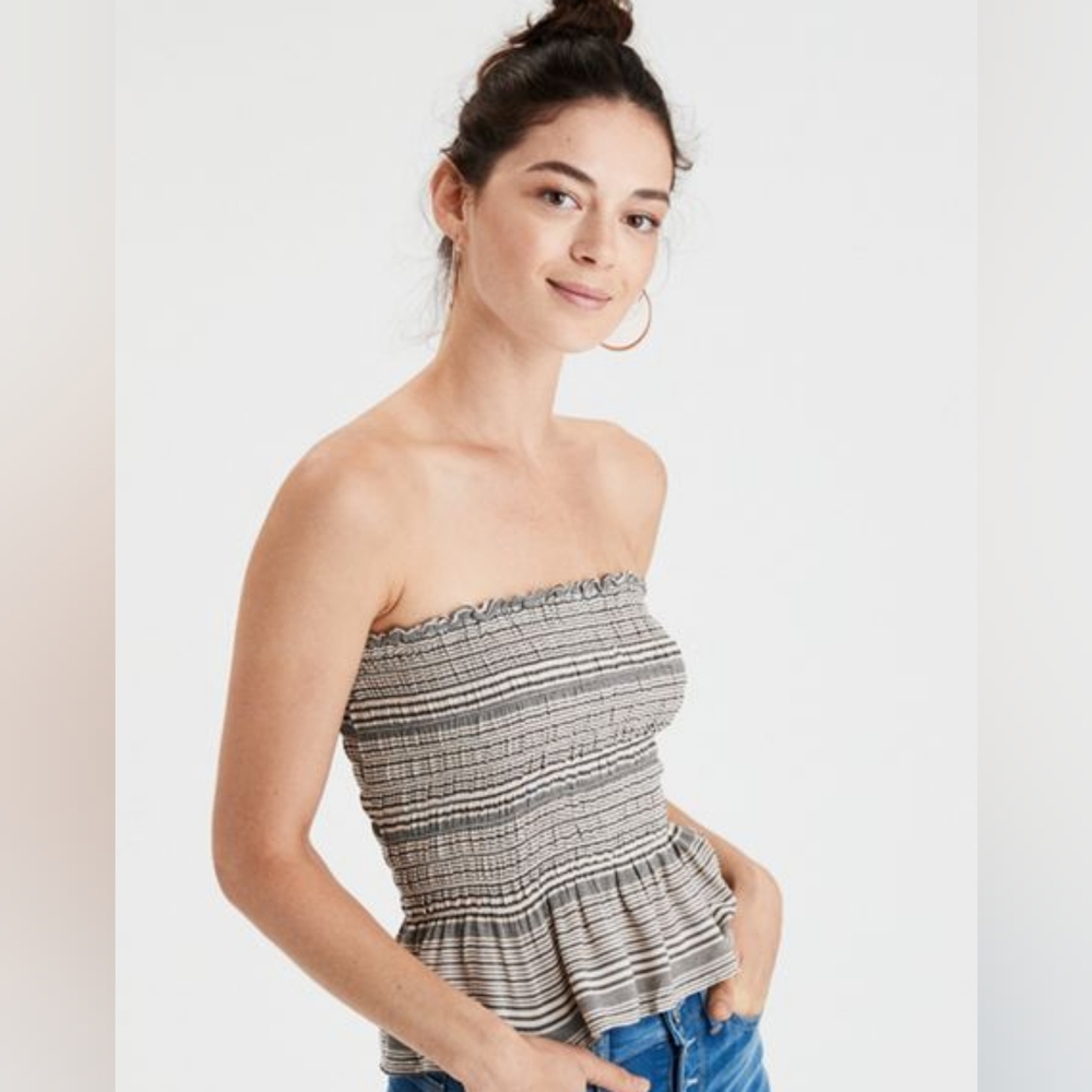 American Eagle‎ Strapless Smocked Tube Top Large Cropped Ruffle Stripes New